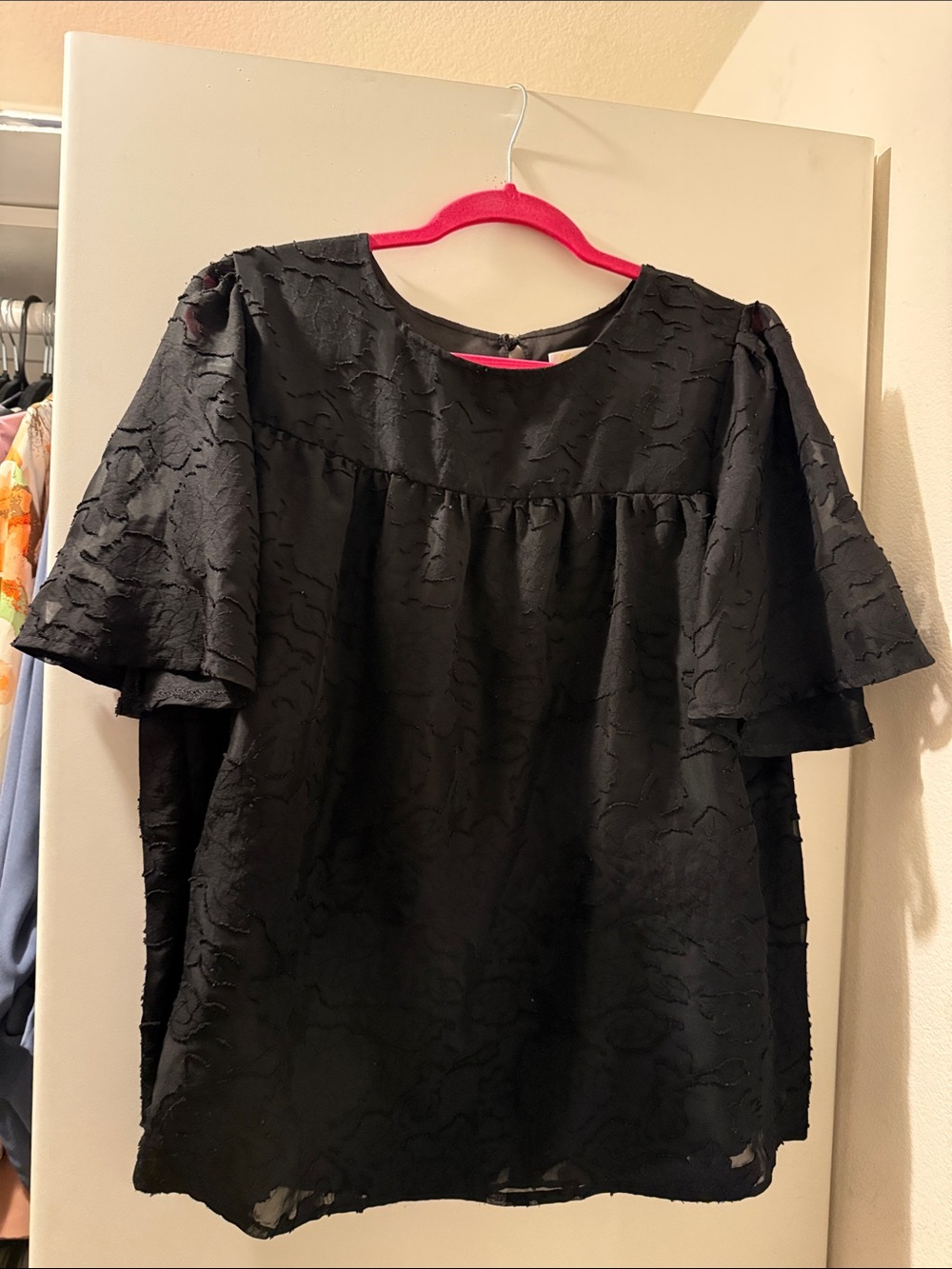 Women's Black Textured Flutter-Sleeve Blouse